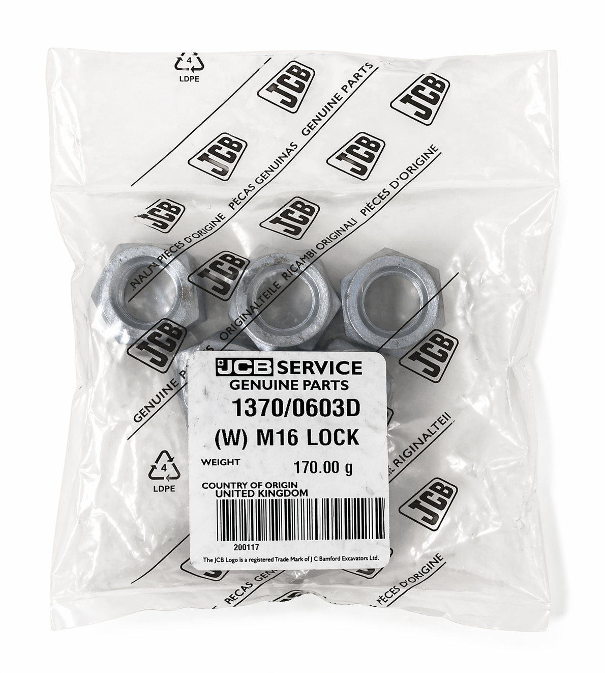 JCB M16 LOCK NUT : 1370/0603D (PACK OF 5) Genuine Heavy Duty Nuts
